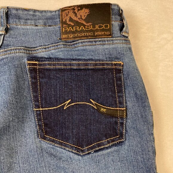 Parasuco Ergonomic Jeans Womens Size 30 Green & Blue Patchwork Studded Flared - Picture 4 of 10